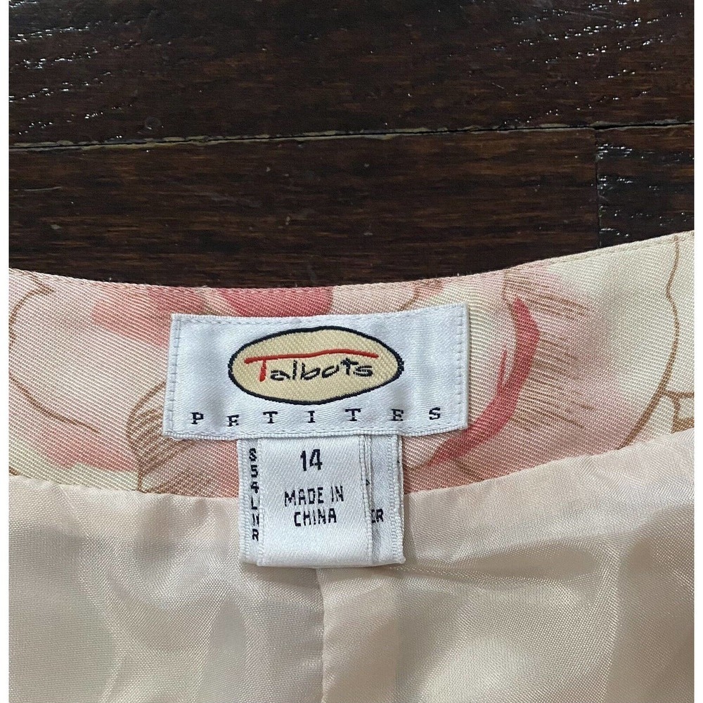 Talbots Petites Silk Blend Pants 14 Tan Pink Yellow Floral Straight Leg Side Zip - Picture 4 of 9